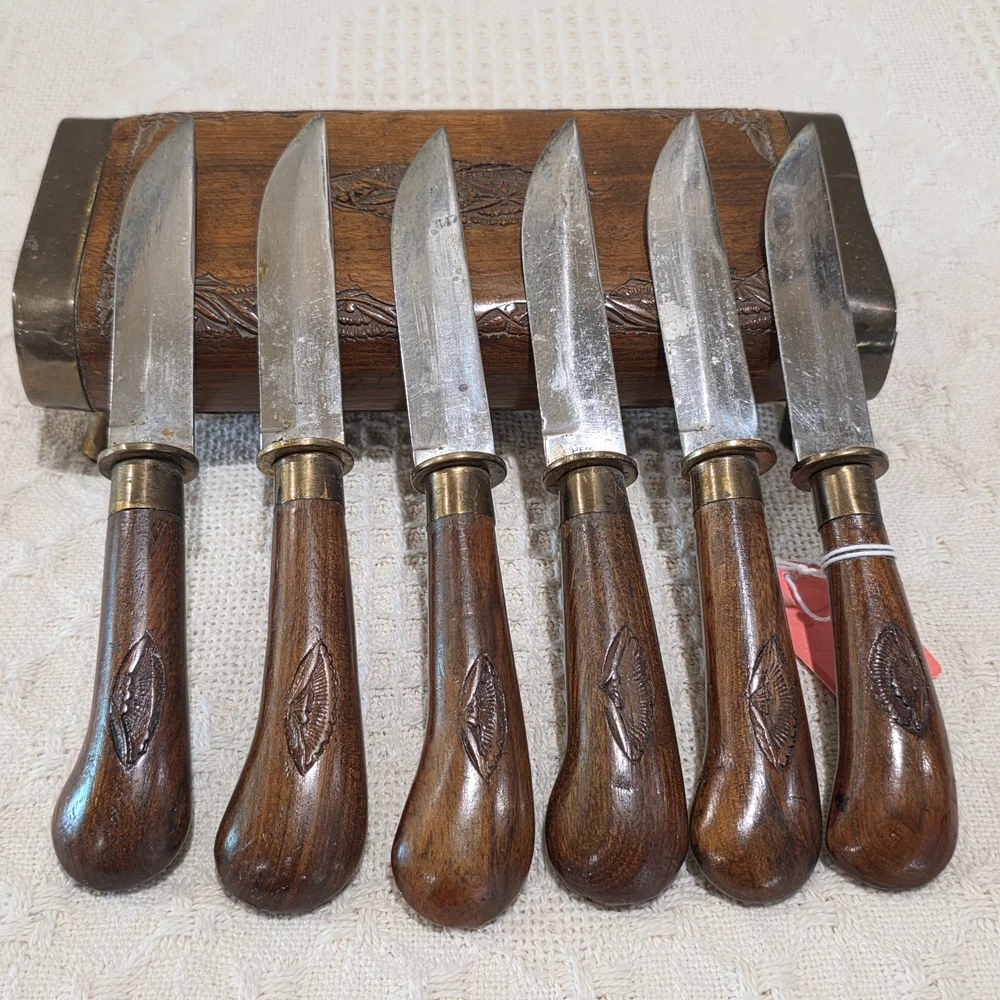 Vintage MCM Ornate Hand Carved Wood Brass INDIA 6 pc Knife Stainless Set Block